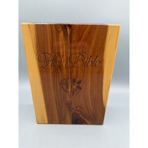 Vintage Cedar Holy Bible Box Engraved Wood Case Red Felt Lined
